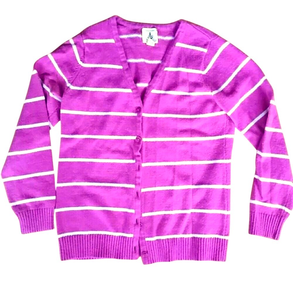 Lands End Girls Wool Blend Pink Striped Buttondown Cardigan Size 10-12